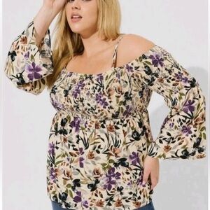 Torrid Challis Smocked Cold Shoulder Top Size 2X Nostalgic Floral Long Sleeve